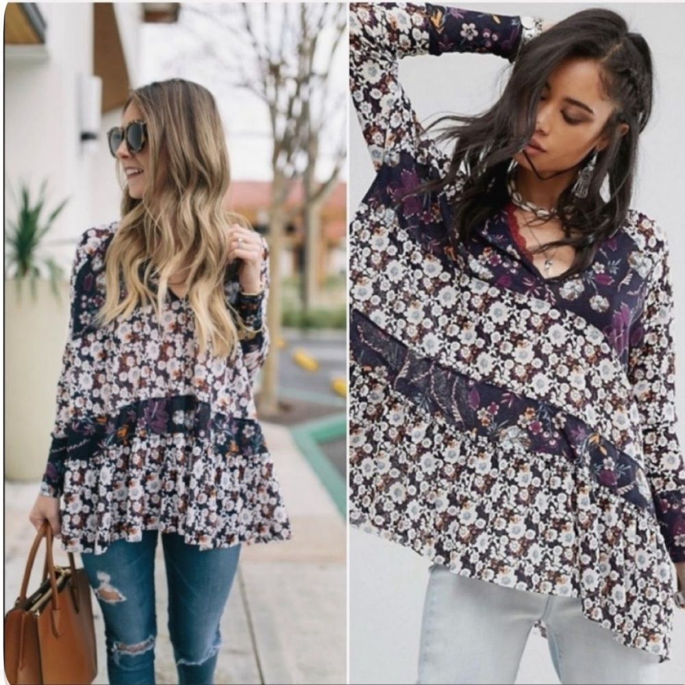 Free People oversized long sleeve layered boho tunic top size XS